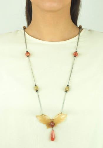 Ca. 1900 - Hand-carved Horn necklace with Glass pearls, "Butterfly" signed by Elizabeth Bonté, Art nouveau France - Image 5