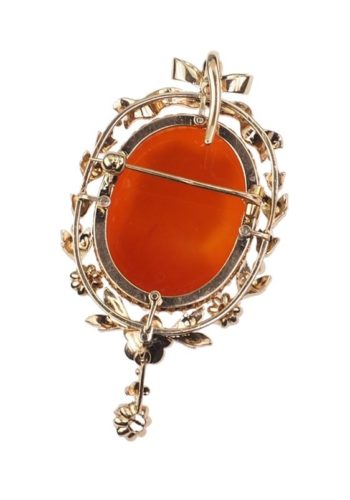 Ca. 1880 - 18 ct. Gold Brooch / Chain pendant with Cornelian cameo & Old-cut Diamonds, French - Image 6