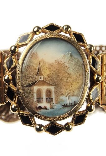Ca. 1850 - 18 ct. Gold Bracelet with Miniature painting, Enamel & Hair Victorian Switzerland - Image 3