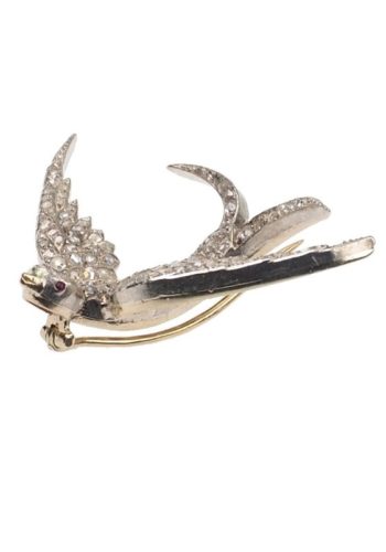 Ca. 1880 - 15 ct. Gold & Silver Swallow Brooch with Diamonds & 2 eyes of Rubies, Animal jewellery from Victorian England - Image 4