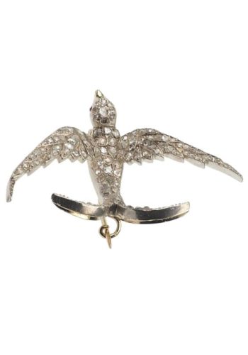 Ca. 1880 - 15 ct. Gold & Silver Swallow Brooch with Diamonds & 2 eyes of Rubies, Animal jewellery from Victorian England - Image 5