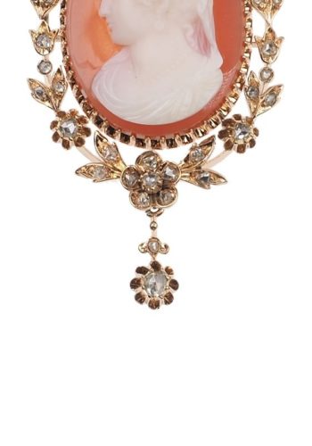 Ca. 1880 - 18 ct. Gold Brooch / Chain pendant with Cornelian cameo & Old-cut Diamonds, French - Image 4