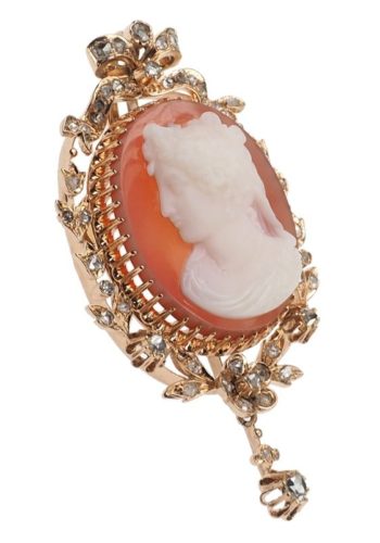 Ca. 1880 - 18 ct. Gold Brooch / Chain pendant with Cornelian cameo & Old-cut Diamonds, French - Image 3