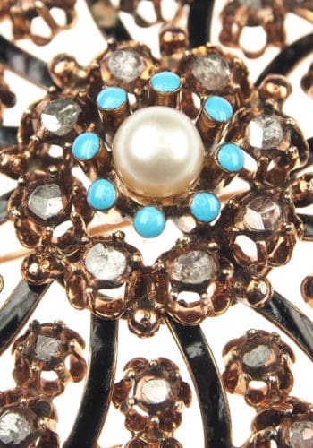 Ca. 1880 - 18 ct. Gold Brooch Diamonds, Turquoises & Pearl Victorian - Image 3