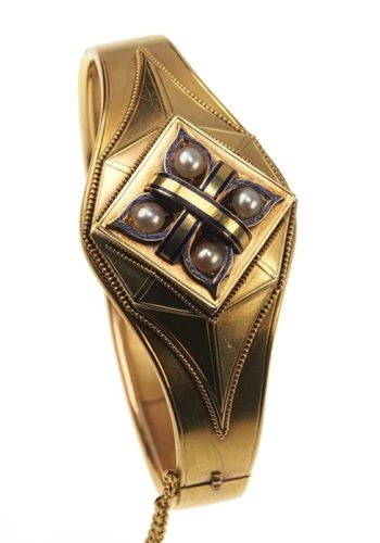 Ca. 1865 - Austrian Gold Bangle with Natural pearls & Enamel - Image 5