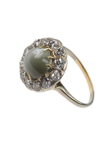 Ca. 1900 - Chrysoberyl Cat's eye & Diamonds Engagement Ring, Daisy - Image 4