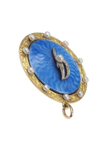 Ca. 1910 - 15 ct. Gold Pendant, guilloché with Enamel & Natural pearls, in Original box from Edwardian England - Image 4