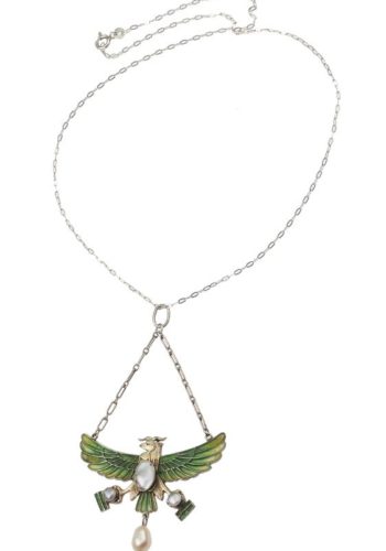 Ca. 1900 - Gold-plated Silver necklace with Window-enamel (Plique-à-jour) from Germany, Egyptian Revival - Image 4