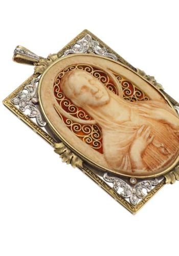 Ca. 1920 - 18 ct. Gold & Platinum Pendant with Ivorine Cameo and Diamonds, incl. Original box from Barcelona - Image 3