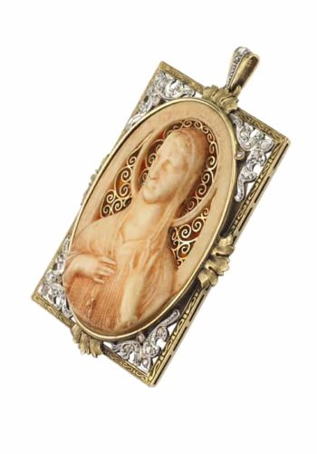 Ca. 1920 - 18 ct. Gold & Platinum Pendant with Ivorine Cameo and Diamonds, incl. Original box from Barcelona - Image 4