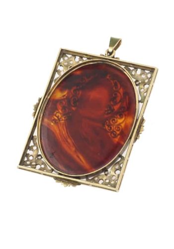 Ca. 1920 - 18 ct. Gold & Platinum Pendant with Ivorine Cameo and Diamonds, incl. Original box from Barcelona - Image 5
