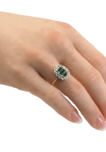 Ca. 1920 - 18 ct. Gold & Platinum Art déco Ring / Engagement ring with Emeralds in Emerald-cut and Diamonds - Image 5