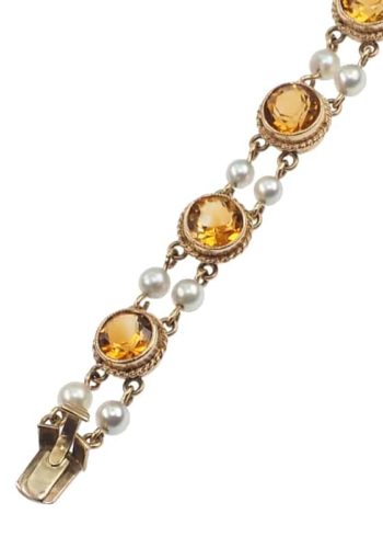 ** SOLD ** Dated 1963 - 9 ct. Gold Vintage Bracelet with Citrines & Cultured pearls, Glasgow Scotland - Image 3