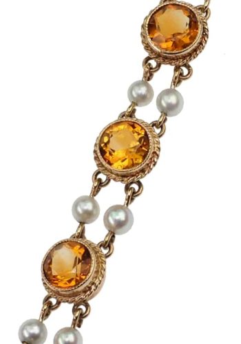 ** SOLD ** Dated 1963 - 9 ct. Gold Vintage Bracelet with Citrines & Cultured pearls, Glasgow Scotland - Image 4