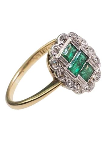 Ca. 1920 - 18 ct. Gold & Platinum Art déco Ring / Engagement ring with Emeralds in Emerald-cut and Diamonds - Image 3