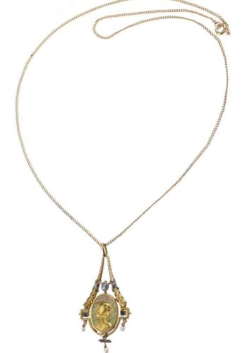 Ca. 1900 - 18 ct. Gold Art nouveau Pendant with Goldchain, with Window enamel, Sapphires, Pearls & Diamonds - Image 5