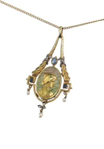 Ca. 1900 - 18 ct. Gold Art nouveau Pendant with Goldchain, with Window enamel, Sapphires, Pearls & Diamonds - Image 3