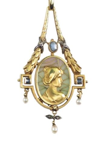 Ca. 1900 - 18 ct. Gold Art nouveau Pendant with Goldchain, with Window enamel, Sapphires, Pearls & Diamonds - Image 4