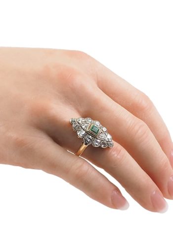 Ca. 1900 - Victorian English Ring made of 18 ct. Gold & Silver, with Diamonds and one Emerald - Image 5