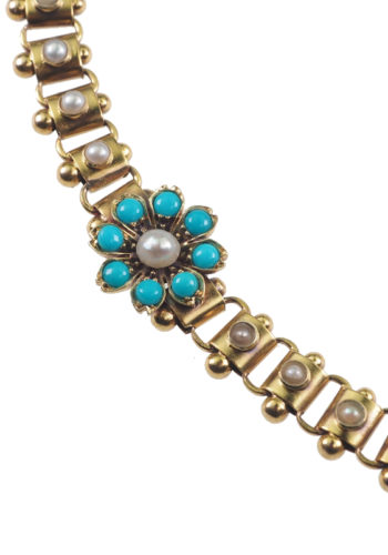 Ca. 1880 - Victorian English Gold necklace made of 15 ct. Gold, with three Turquoises-Ornaments - Image 3