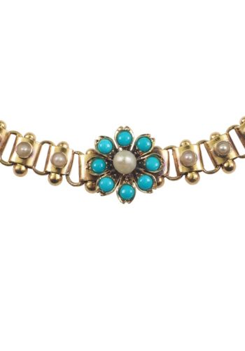 Ca. 1880 - Victorian English Gold necklace made of 15 ct. Gold, with three Turquoises-Ornaments - Image 4