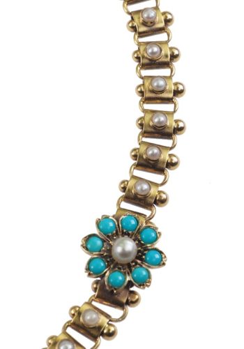 Ca. 1880 - Victorian English Gold necklace made of 15 ct. Gold, with three Turquoises-Ornaments - Image 5