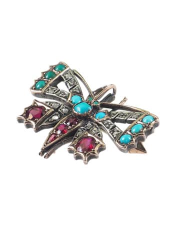 Ca. 1900 - 15 ct. Gold Brooch "Butterfly" with Diamonds, Rubies & Turquoises, English - Image 3