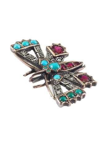 Ca. 1900 - 15 ct. Gold Brooch "Butterfly" with Diamonds, Rubies & Turquoises, English - Image 4