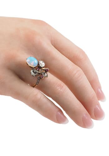 Ca. 1900 - Art nouveau 18 ct. Gold Ring with Opal, Diamonds & Rubies, French - Image 5