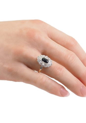 Ca. 1920 - Art déco Ring from Germany with one Sapphire & Brilliants, 14 ct. Gold and Platinum Daisy - Image 5