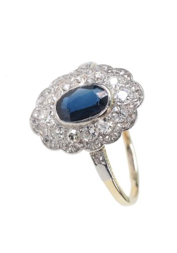 Ca. 1920 - Art déco Ring from Germany with one Sapphire & Brilliants, 14 ct. Gold and Platinum Daisy - Image 3