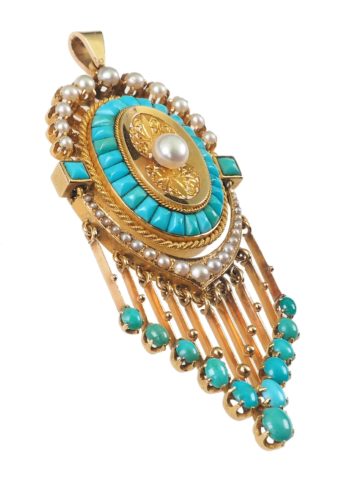 Ca. 1870 - French 18 Carat Gold Pendant with Turquoises & Natural pearls - Image 4