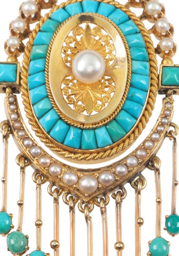 Ca. 1870 - French 18 Carat Gold Pendant with Turquoises & Natural pearls - Image 3