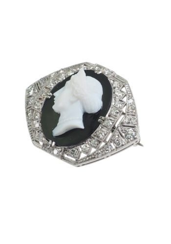 Ca. 1920 - Platinum Brooch with Diamonds & Onyx Stone cameo, Art déco England - Image 3