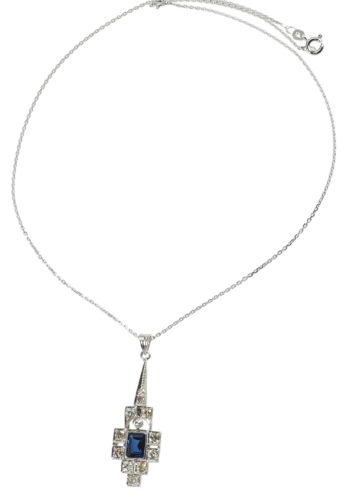 ** SOLD ** Ca. 1930 - Art déco Sapphire Pendant with Diamonds & White-gold Chain - Image 4