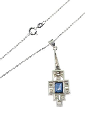 ** SOLD ** Ca. 1930 - Art déco Sapphire Pendant with Diamonds & White-gold Chain - Image 5