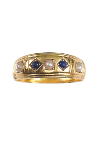 ** SOLD ** Dated 1908 - 15 ct. Goldring with two Lapis lazuli & three Pearls - Image 3