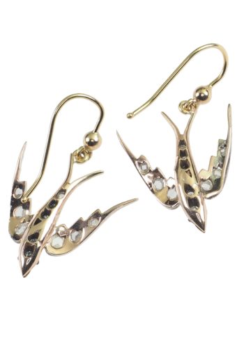 ** SOLD ** Ca. 1890 - "Swallows" Victorian Goldearrings with Old-cut Diamonds - Image 5