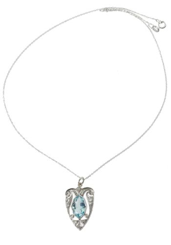 ** SOLD ** Ca. 1920 - Platinum Pendant with Aquamarine & Diamonds, incl. White-gold chain - Image 4