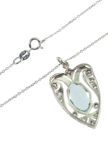 ** SOLD ** Ca. 1920 - Platinum Pendant with Aquamarine & Diamonds, incl. White-gold chain - Image 5