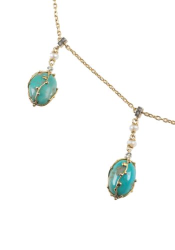 ** SOLD ** Ca. 1900 - Arts+Crafts Goldnecklace with Turquoises, Pearls & Diamonds - Image 4