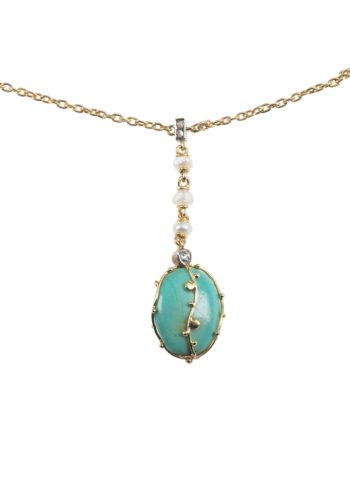 ** SOLD ** Ca. 1900 - Arts+Crafts Goldnecklace with Turquoises, Pearls & Diamonds - Image 3