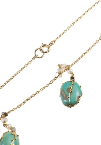 ** SOLD ** Ca. 1900 - Arts+Crafts Goldnecklace with Turquoises, Pearls & Diamonds - Image 6