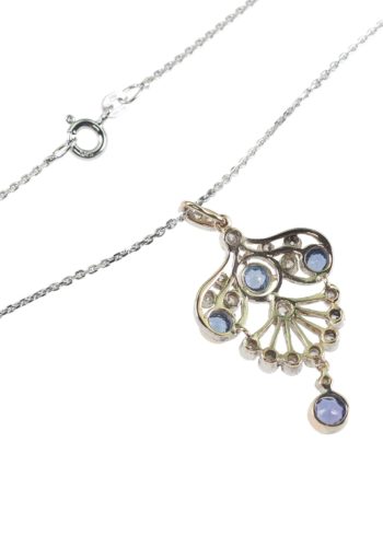 ** SOLD ** Ca. 1910 - English Sapphires Pendant made of 15 ct. Gold, with Diamonds - Image 4