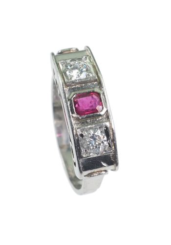 Ca. 1930 - French Art déco Platinum Ring / Engagement ring with Ruby & Diamonds - Image 3