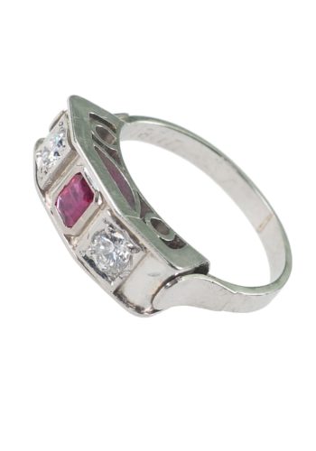 Ca. 1930 - French Art déco Platinum Ring / Engagement ring with Ruby & Diamonds - Image 4