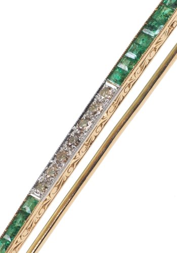 Ca. 1920 - French Art déco Stick brooch with Emeralds & Diamonds - Image 4