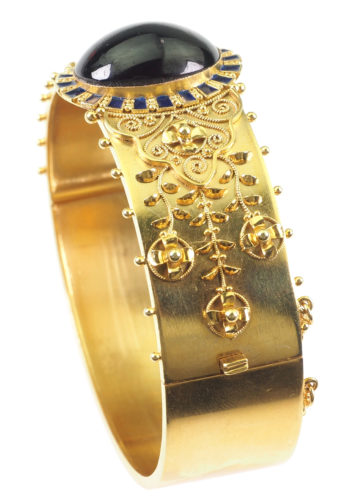 Ca. 1860 - Victorian English Goldbangle with Enamel & Garnet cabochon - Image 3
