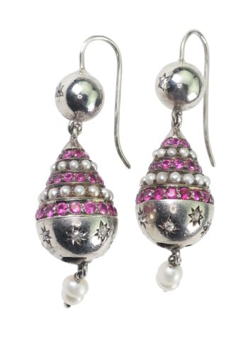 Ca. 1960 - Silver Earrings with Rubies, Pearls & Diamonds - Image 3