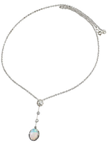 ** SOLD ** Ca. 1910 - 18K Gold Pendant with Chain, Opal & Diamonds - Image 3
